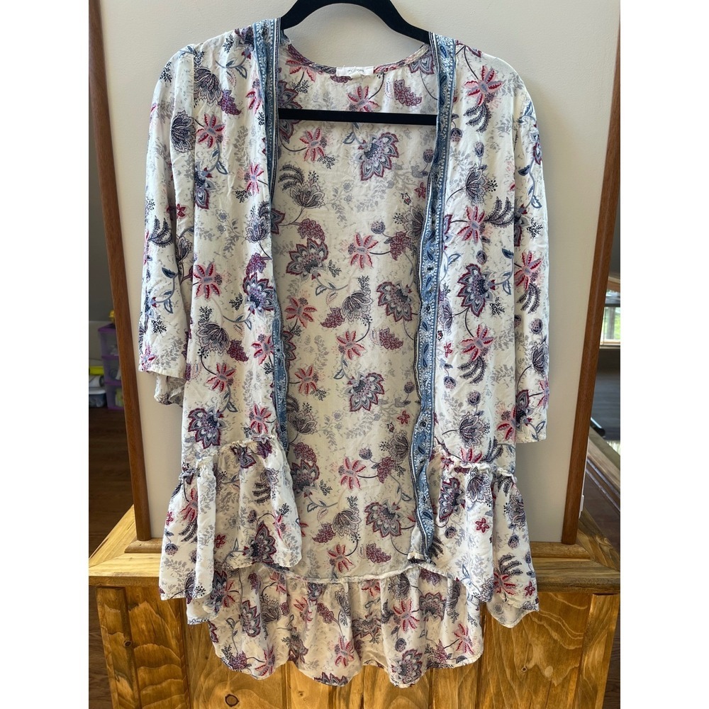 Maurices Floral Paisley Kimono Wrap XS White Blue Red Ruffle High Low Hem Boho